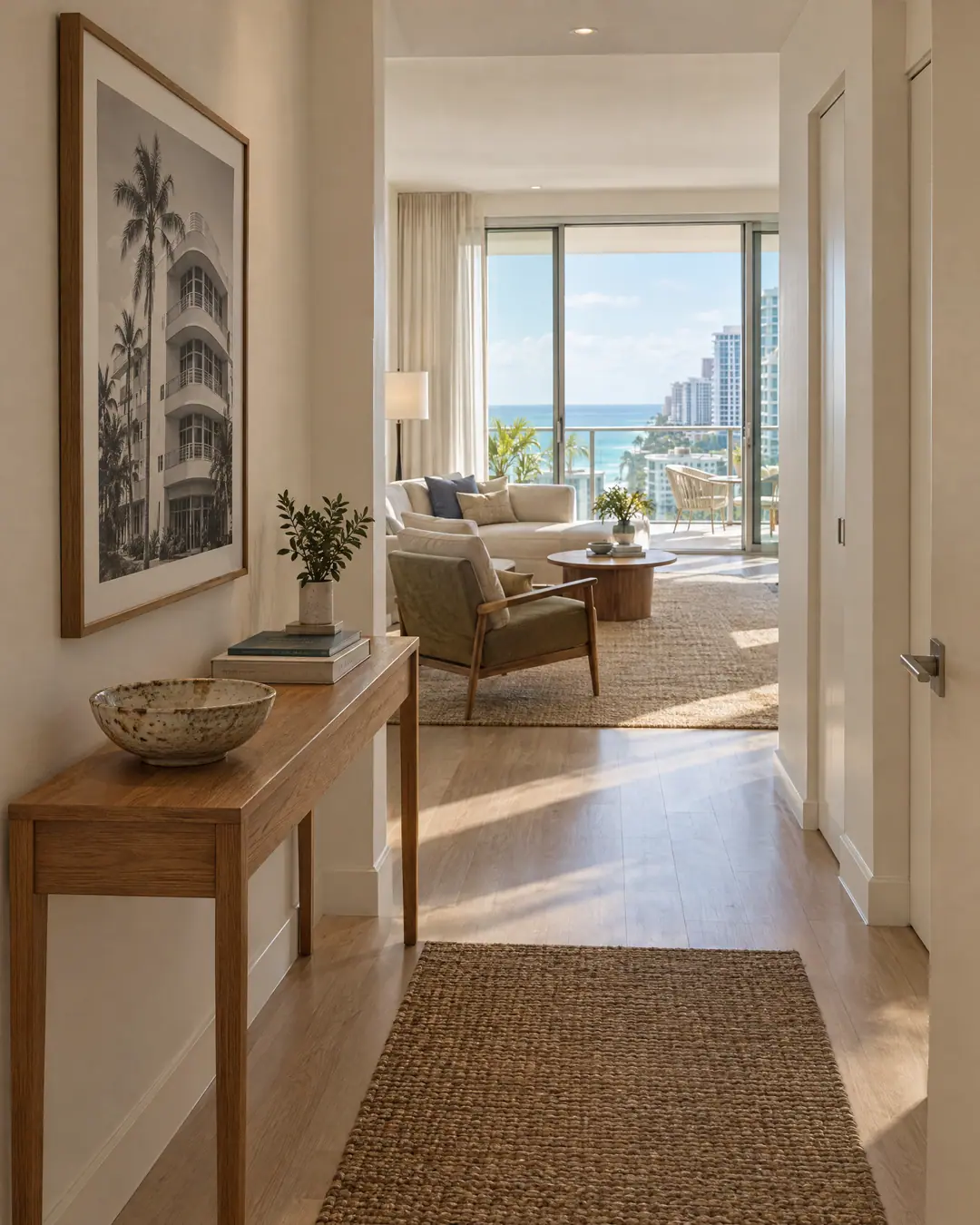 An apartment entry hall with an oak console and a view through to the balcony