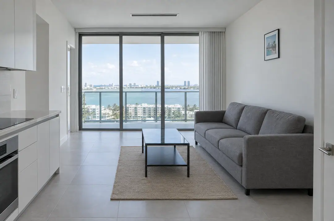 Before: the living room with a plain grey sofa, small rug and vertical blinds