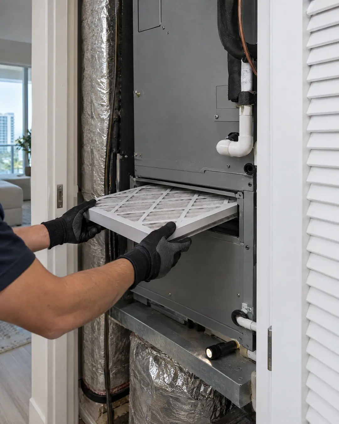 A technician replacing the filter of a residential air handler