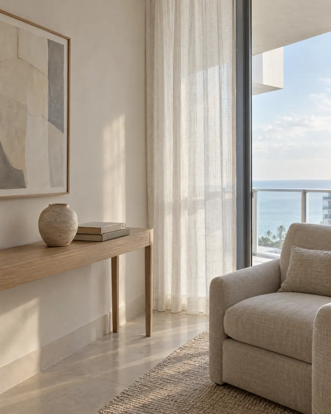 Morning light across a plaster wall, an oak console and a linen armchair beside a balcony door